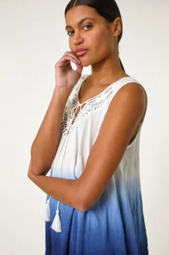 Tops>Roman Navy Cotton Lace Detail Ombre Vest Top