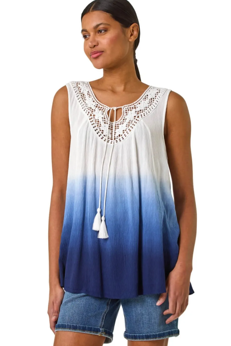 Tops>Roman Navy Cotton Lace Detail Ombre Vest Top