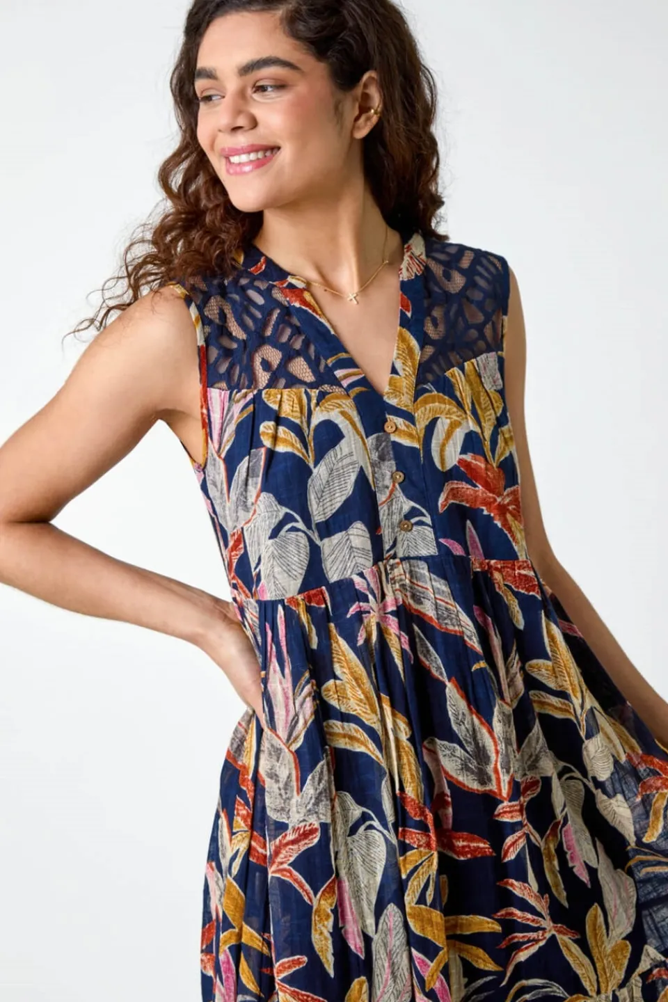 Dresses>Roman Navy Cotton Tropical Lace Detail Tiered Dress