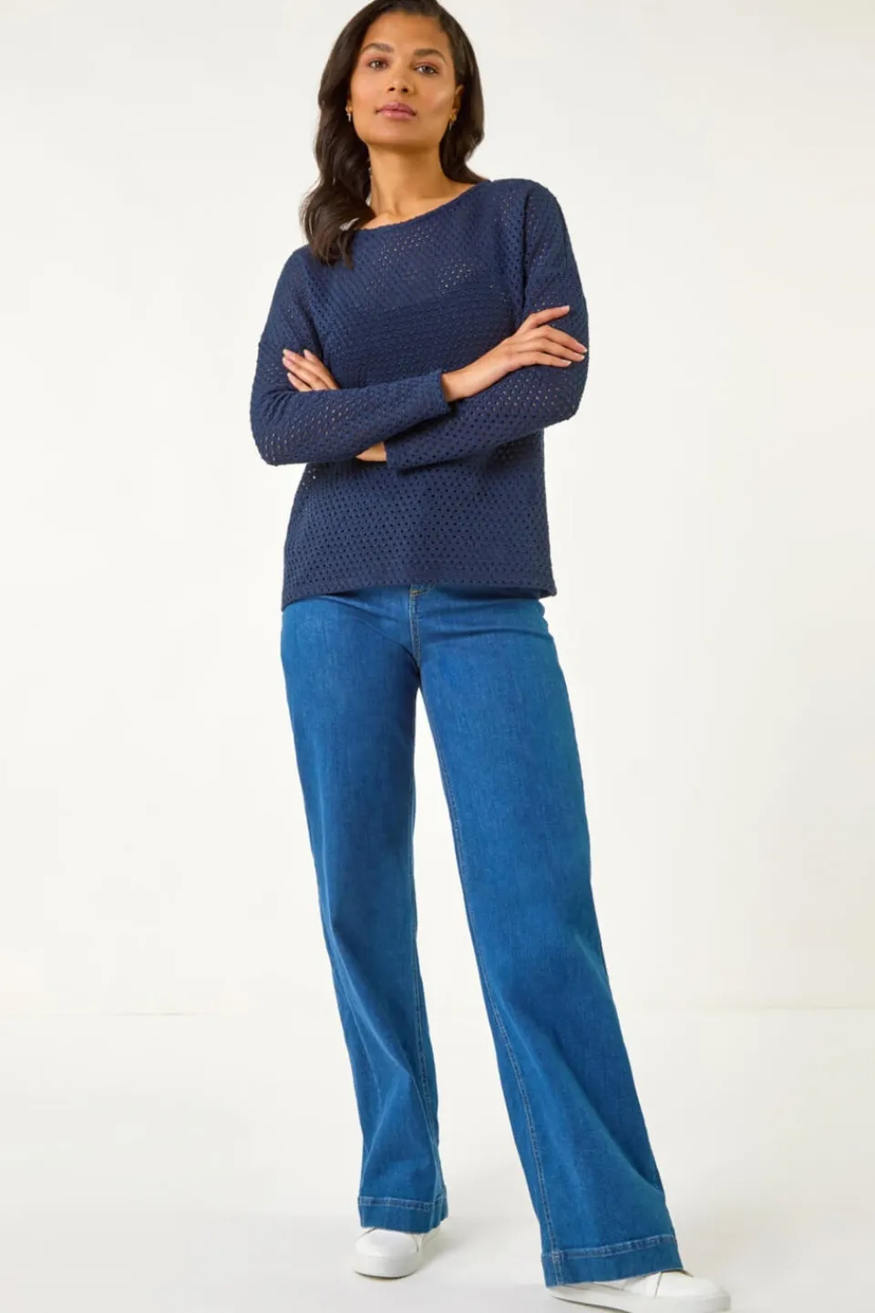 Tops>Roman Navy Crochet Cotton Jersey Top