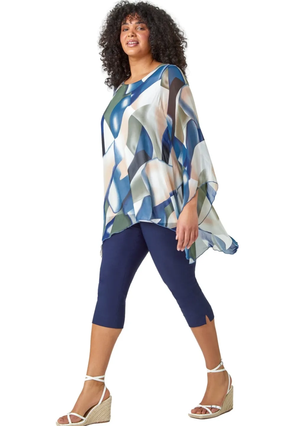 Tops>Roman Navy Curve Abstract Chiffon Overlay Top