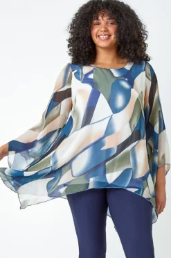Tops>Roman Navy Curve Abstract Chiffon Overlay Top
