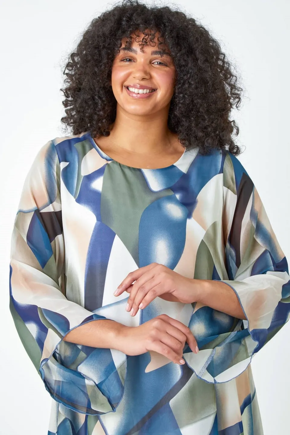 Tops>Roman Navy Curve Abstract Chiffon Overlay Top