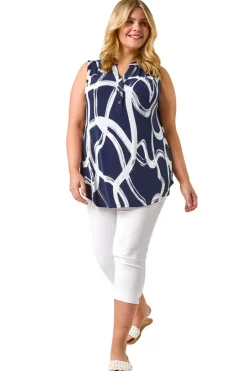 Tops>Roman Navy Curve Abstract Print Vest Top