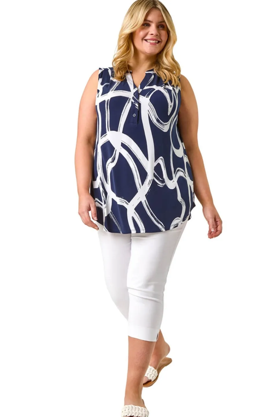 Tops>Roman Navy Curve Abstract Print Vest Top