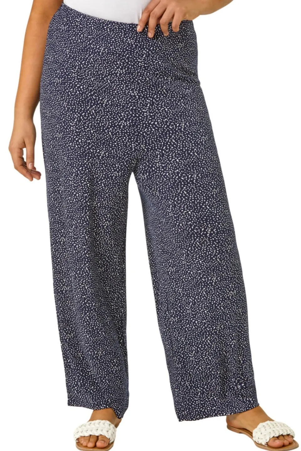 Trousers>Roman Navy Curve Abstract Spot Print Palazzo Trouser