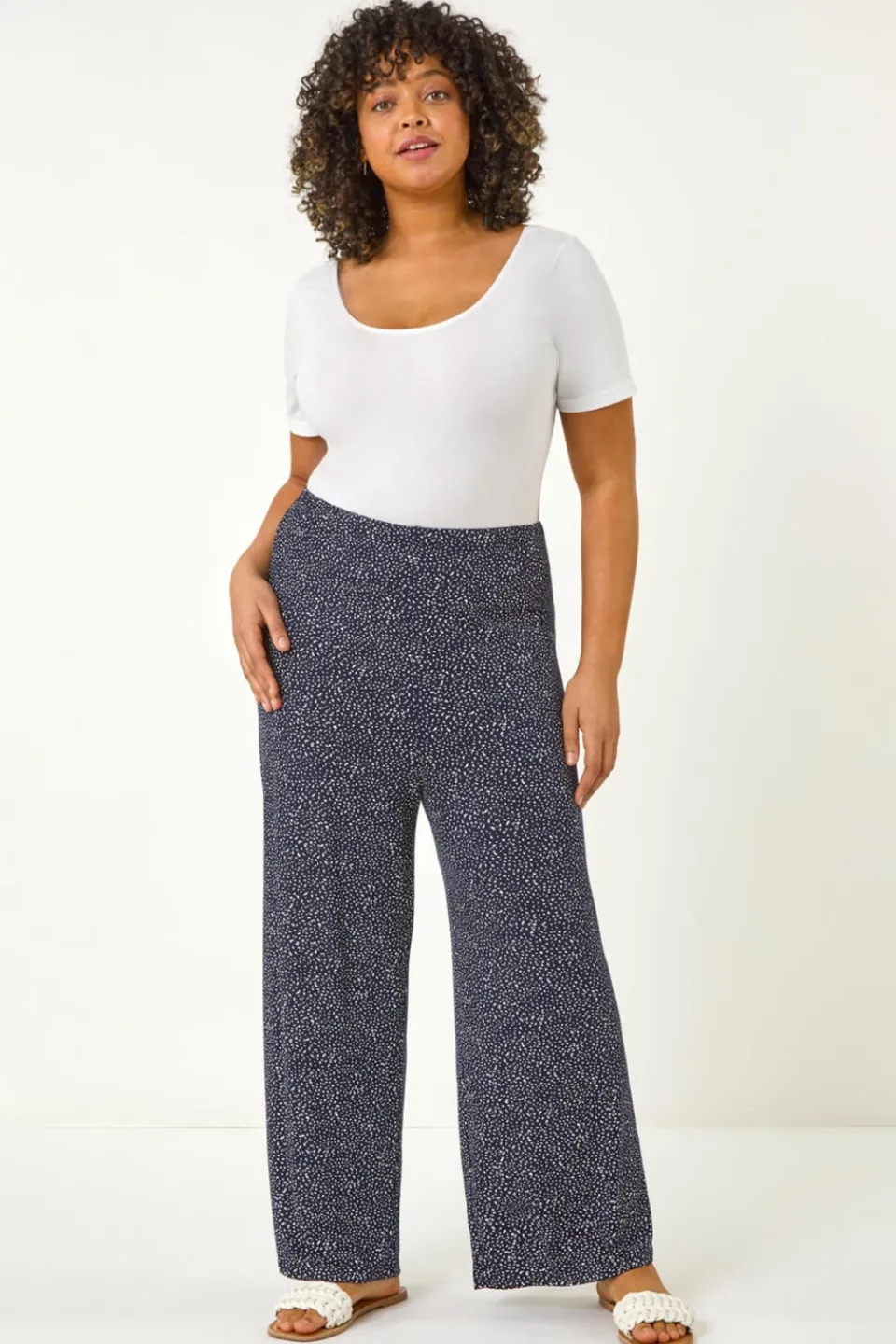 Trousers>Roman Navy Curve Abstract Spot Print Palazzo Trouser