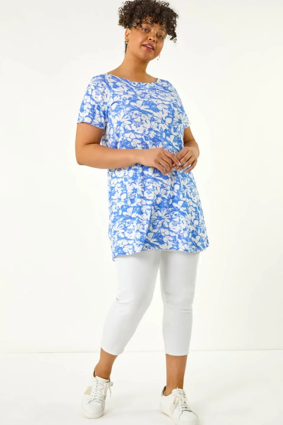 T-Shirts>Roman Navy Curve Bardot Floral Stretch Top