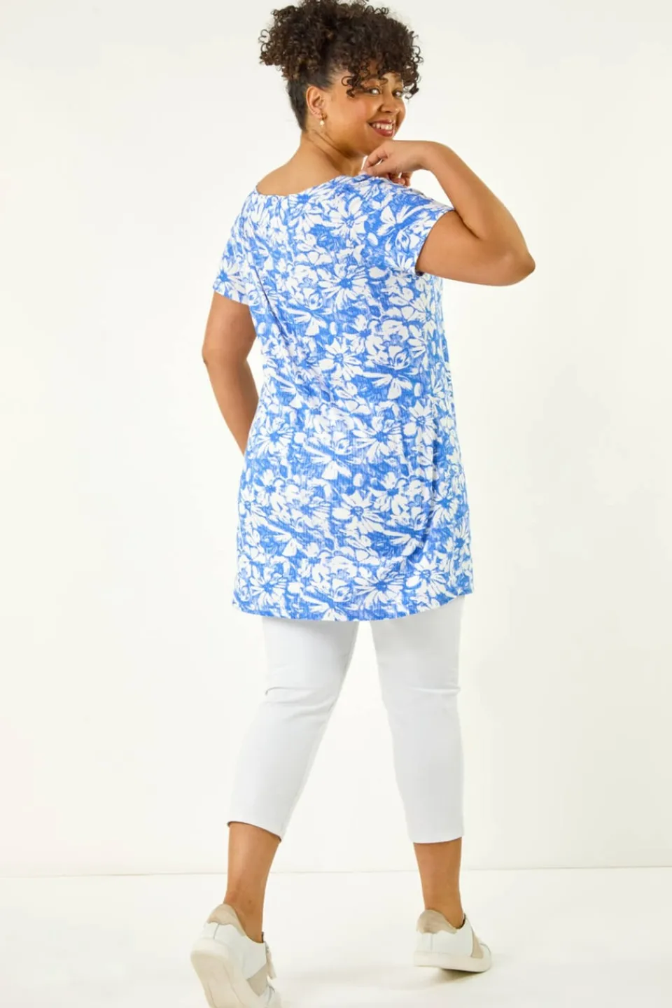 T-Shirts>Roman Navy Curve Bardot Floral Stretch Top