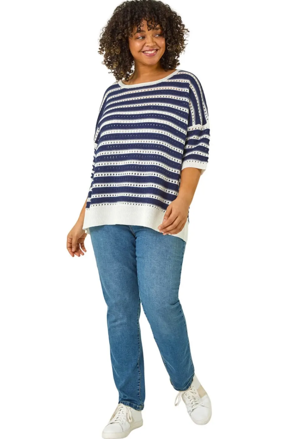 Tops>Roman Navy Curve Crochet Stripe Knit Top