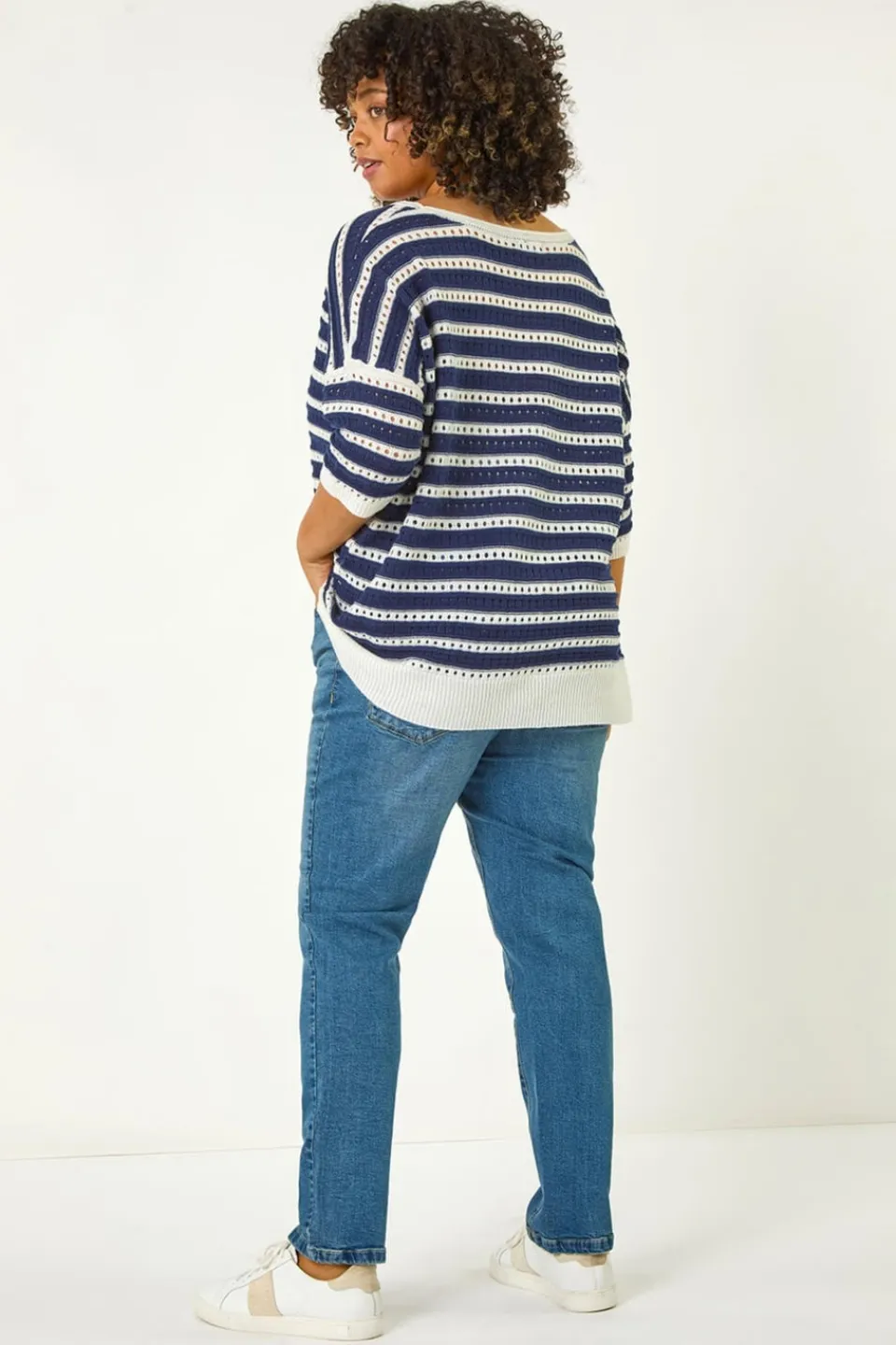 Tops>Roman Navy Curve Crochet Stripe Knit Top