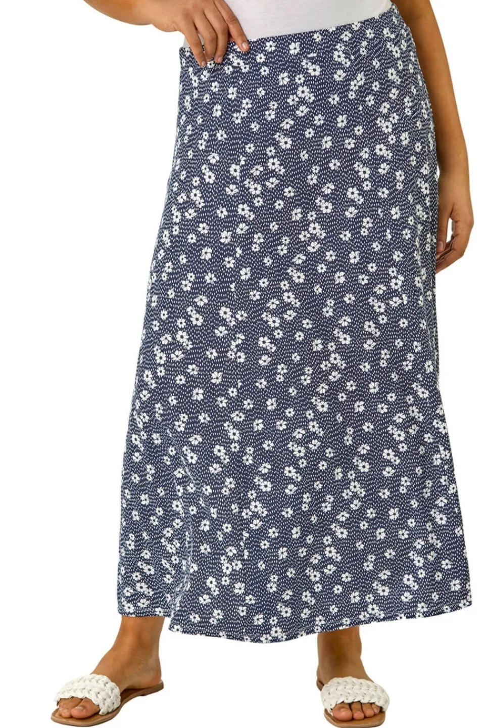 Skirts>Roman Navy Curve Daisy Print Midi Skirt