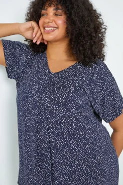 T-Shirts>Roman Navy Curve Ditsy Spot Print V-Neck Stretch Top