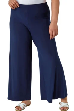 Trousers>Roman Curve Elastic Waist  Wide Leg Trousers Navy