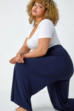 Trousers>Roman Curve Elastic Waist  Wide Leg Trousers Navy