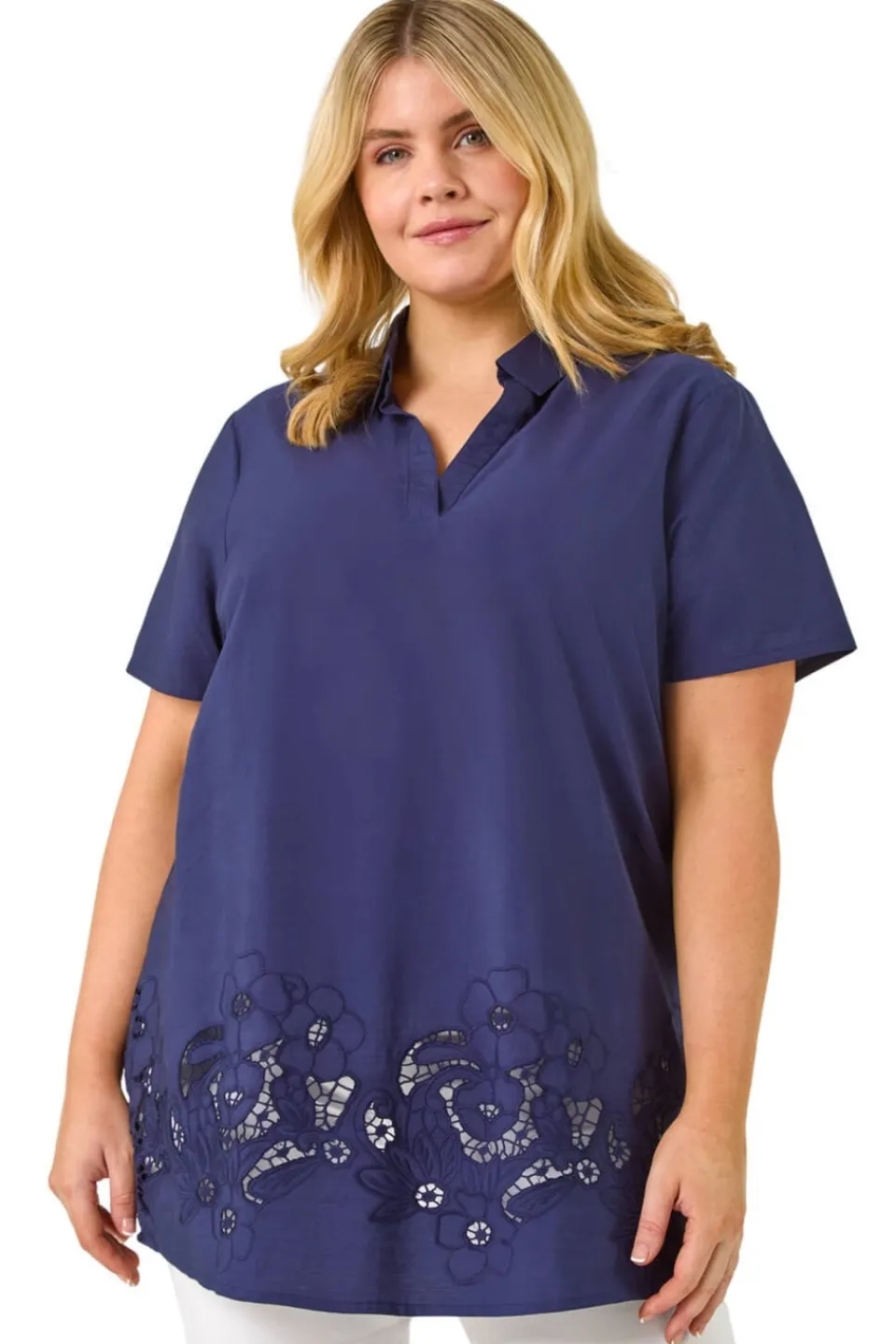Tops>Roman Navy Curve Floral Cut Out Woven Top