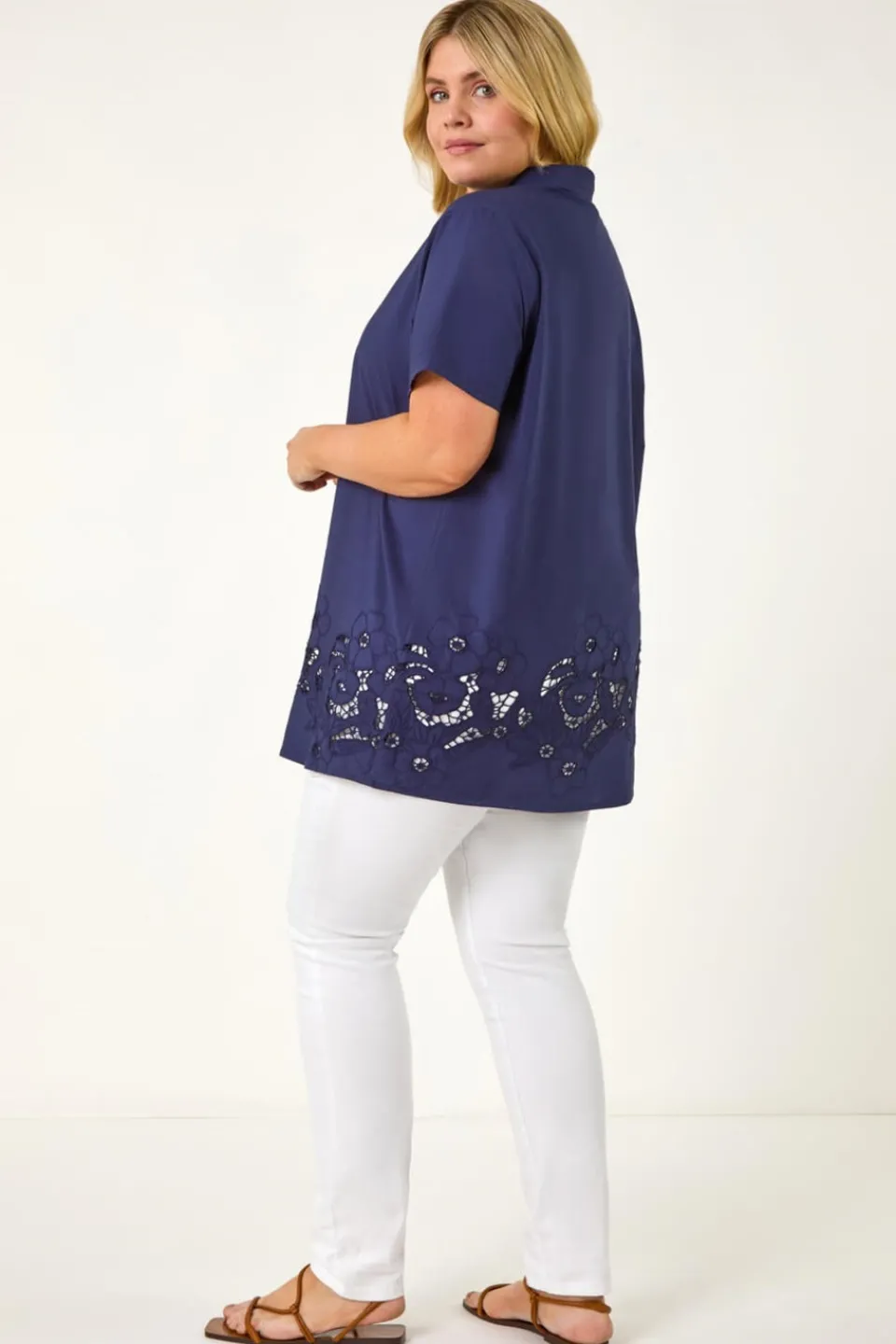 Tops>Roman Navy Curve Floral Cut Out Woven Top