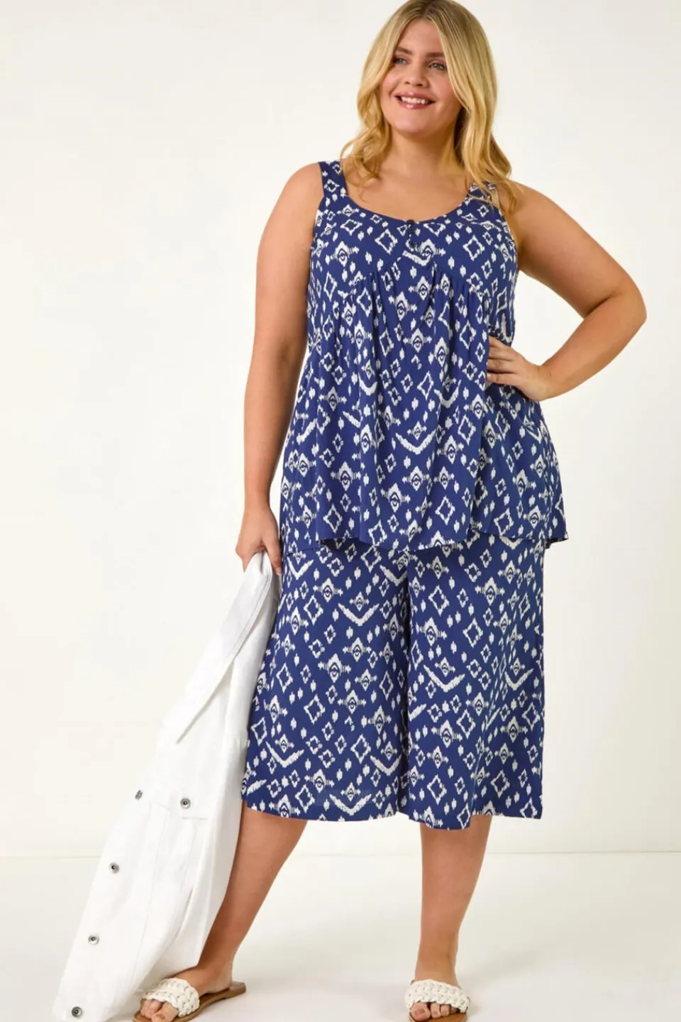 Tops>Roman Navy Curve Ikat Print Woven Vest Top
