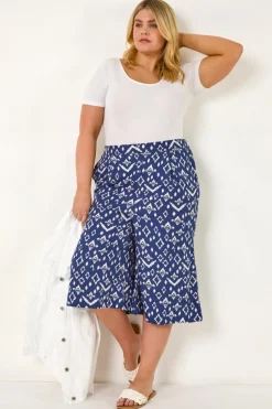 Trousers>Roman Navy Curve Ikat Print Wide Leg Culottes