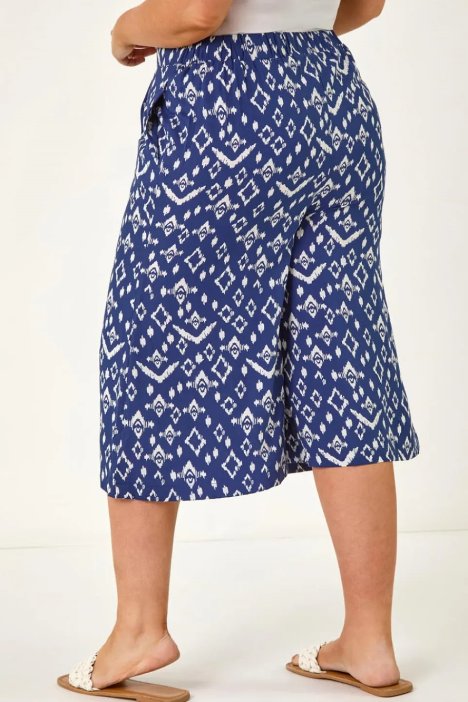 Trousers>Roman Navy Curve Ikat Print Wide Leg Culottes
