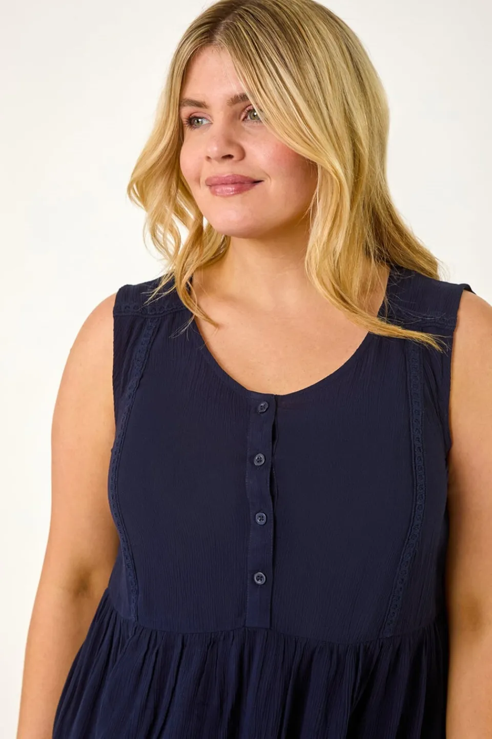 Tops>Roman Navy Curve Lace Detail Vest Top