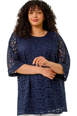 Tops>Roman Navy Curve Lace Front Stretch Top