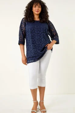 Tops>Roman Navy Curve Lace Front Stretch Top