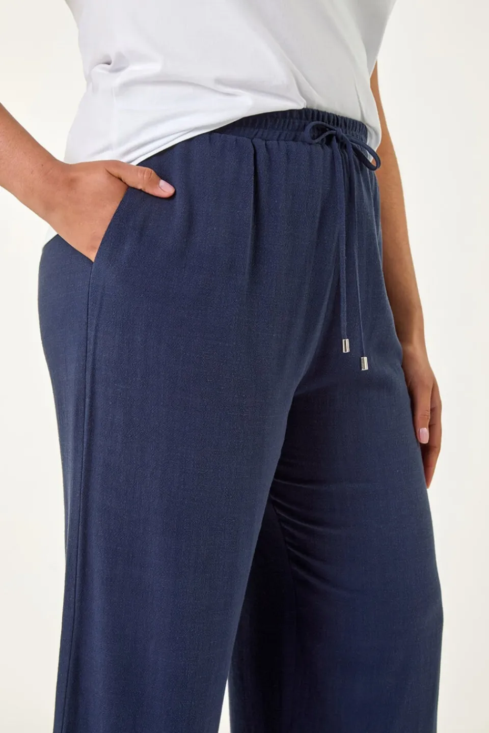 Trousers>Roman Navy Curve Linen Mix Cropped Trousers
