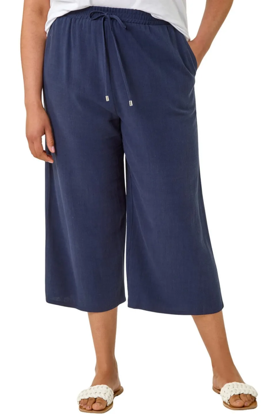 Trousers>Roman Navy Curve Linen Mix Cropped Trousers