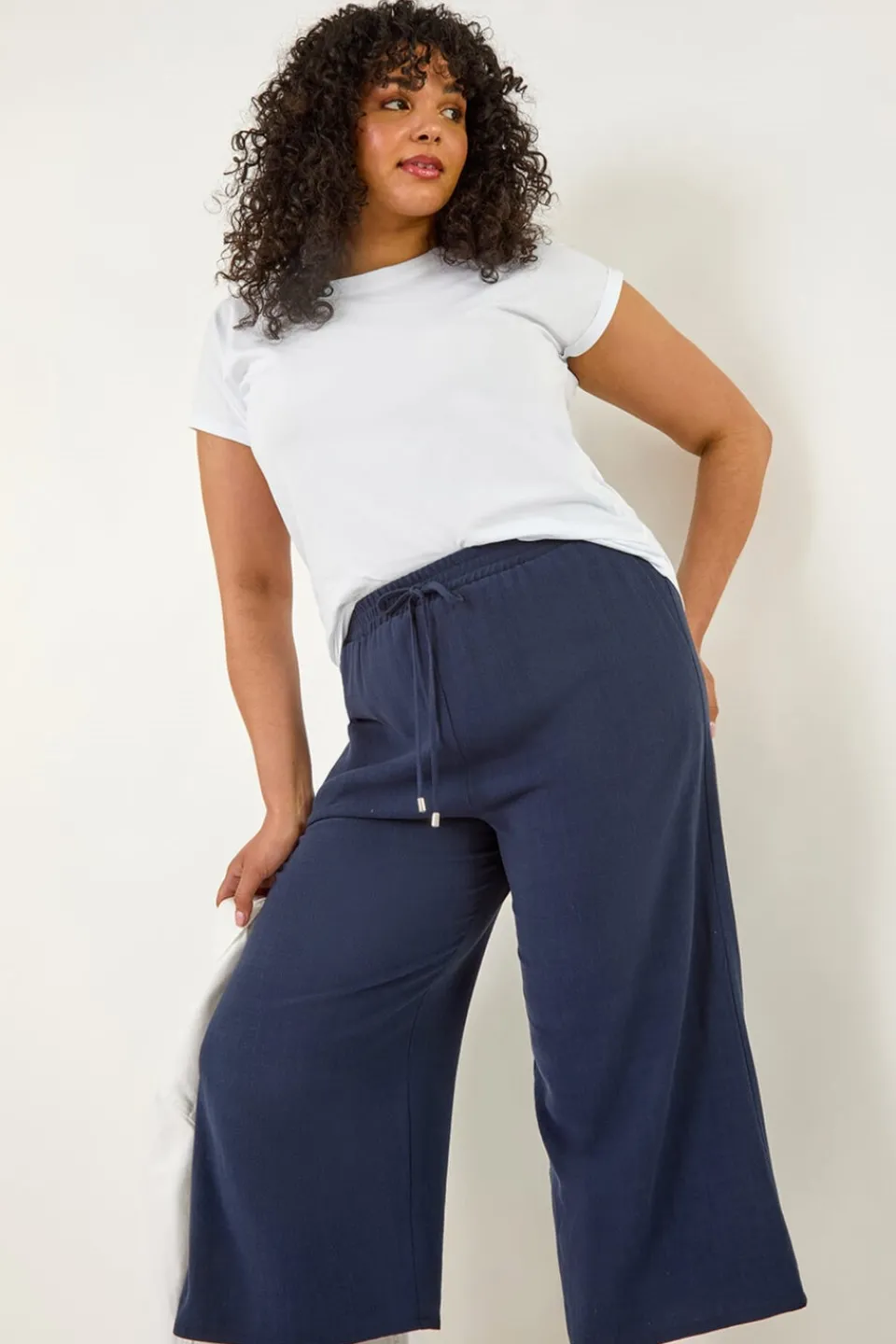 Trousers>Roman Navy Curve Linen Mix Cropped Trousers