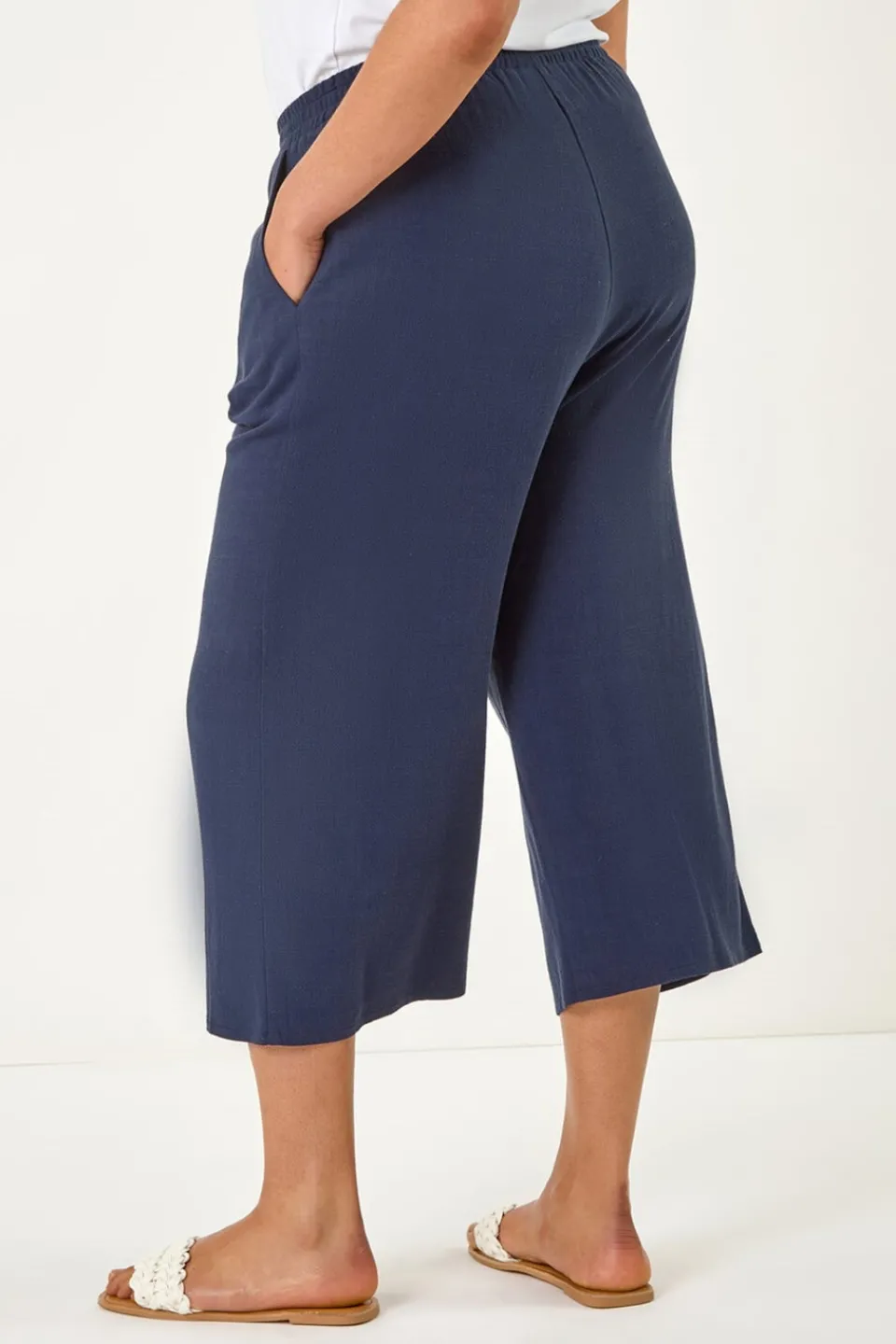 Trousers>Roman Navy Curve Linen Mix Cropped Trousers
