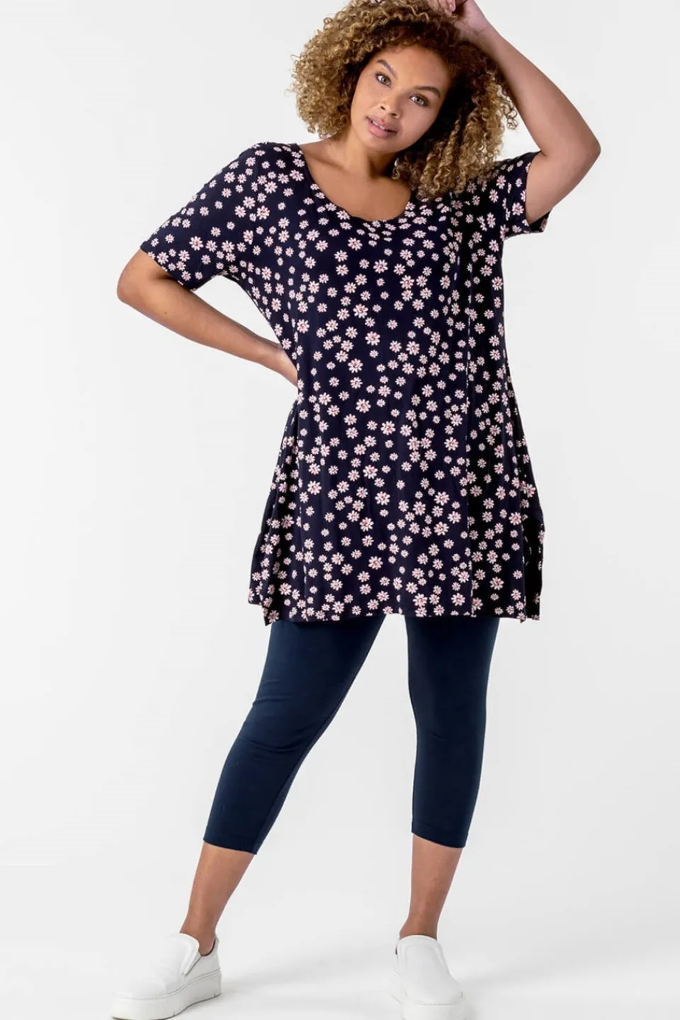 Leggings>Roman Curve Plain Elastic Waist Cropped Leggings Navy
