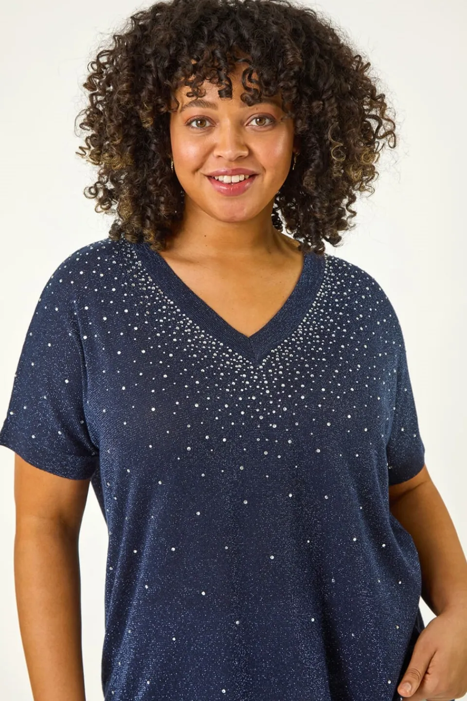 Tops>Roman Navy Curve Shimmer Hotfix Knit Top