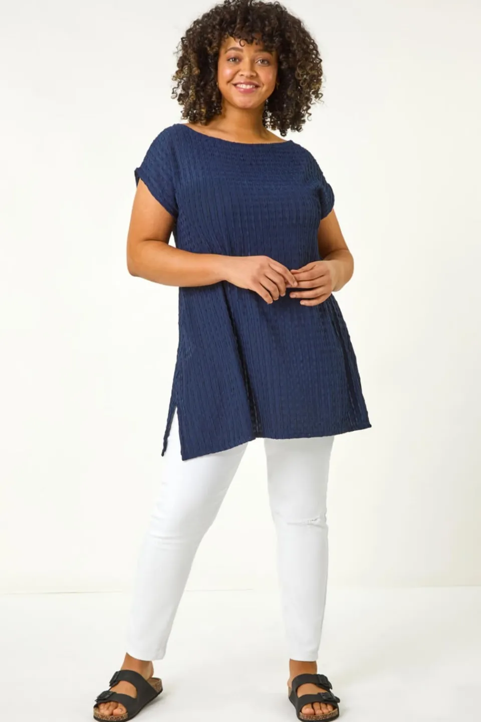 T-Shirts>Roman Curve Textured Short Sleeve T-Shirt Navy
