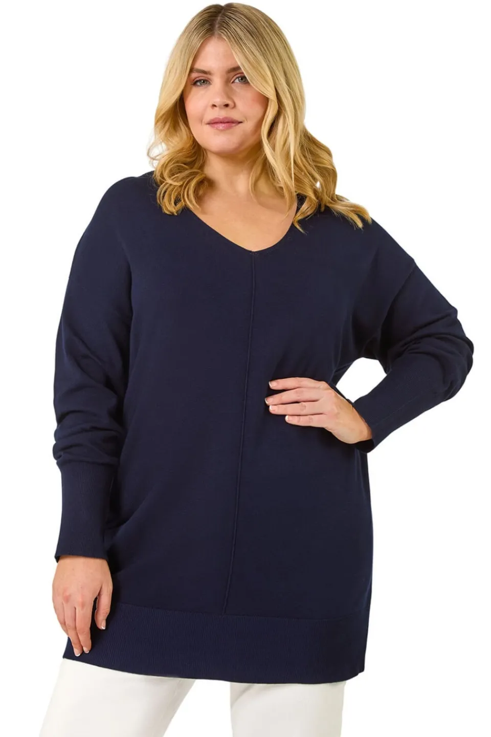 Tops>Roman Navy Curve V-Neck Relaxed Jumper