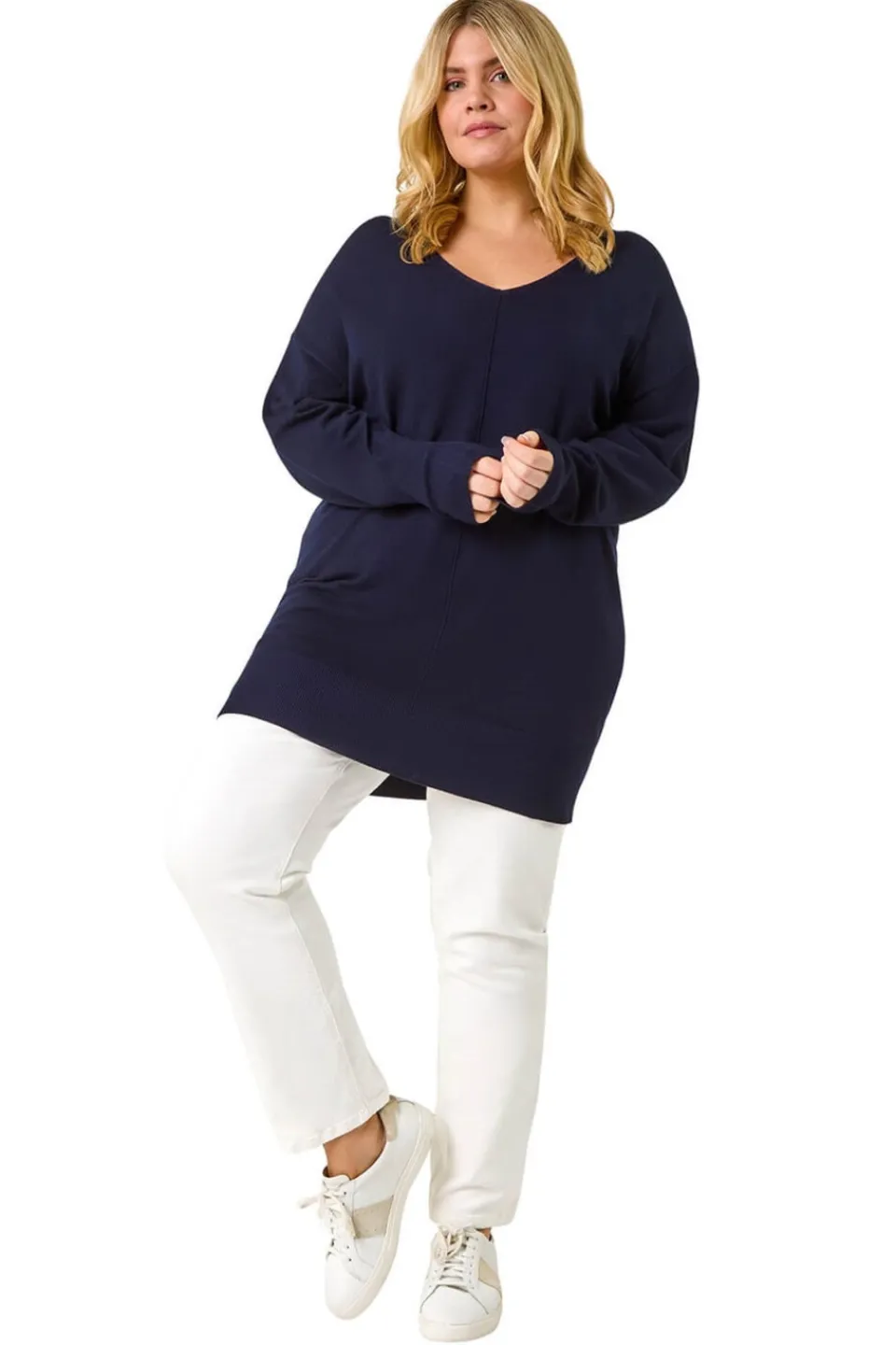 Tops>Roman Navy Curve V-Neck Relaxed Jumper
