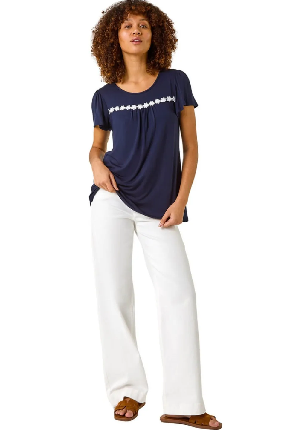Tops>Roman Navy Daisy Applique Stretch Top