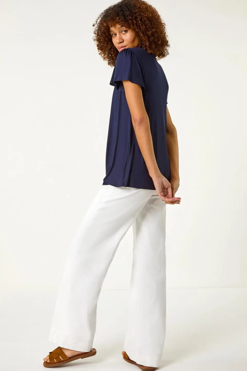 Tops>Roman Navy Daisy Applique Stretch Top
