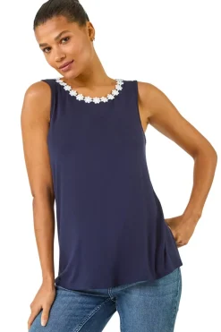 Tops>Roman Daisy Neck Trim Vest Top Navy