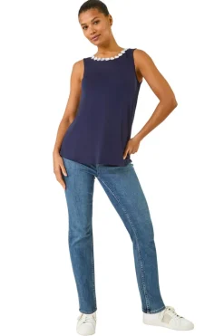 Tops>Roman Daisy Neck Trim Vest Top Navy
