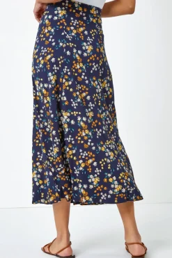 Skirts>Roman Navy Ditsy Floral Print Elastic Waist Midi Skirt