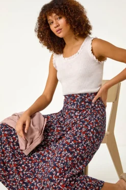 Skirts>Roman Navy Ditsy Floral Stretch Midi Skirt
