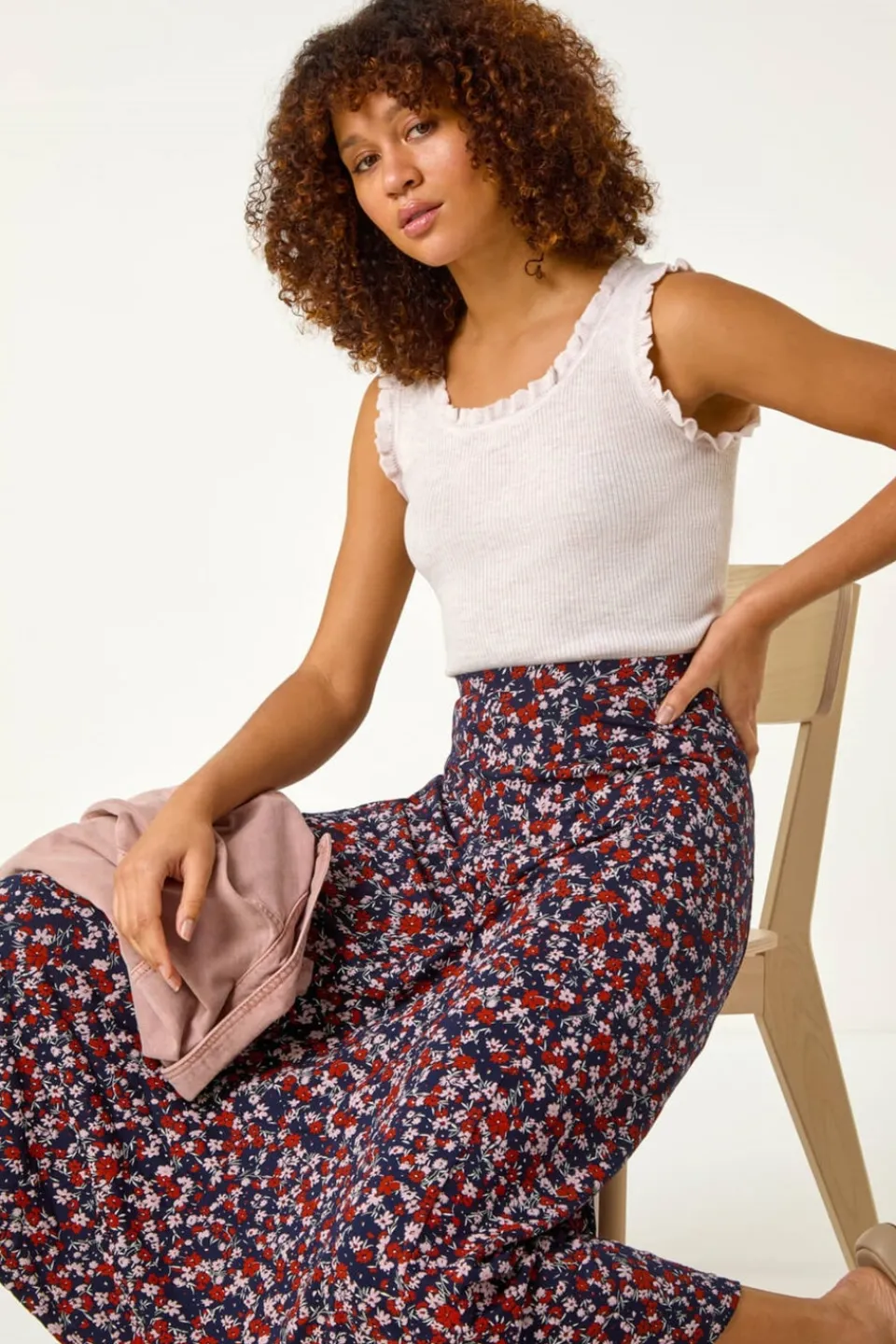 Skirts>Roman Navy Ditsy Floral Stretch Midi Skirt