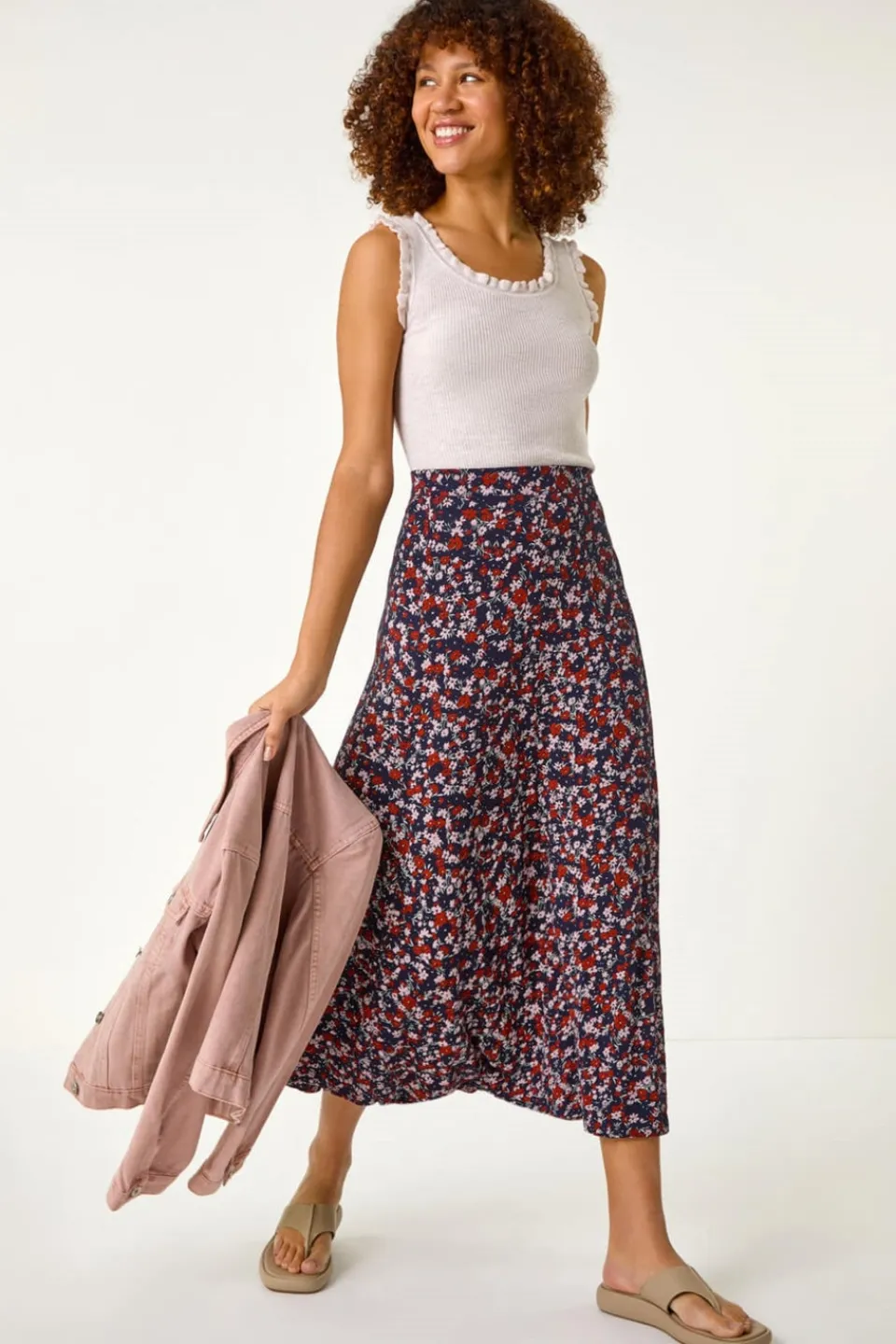 Skirts>Roman Navy Ditsy Floral Stretch Midi Skirt
