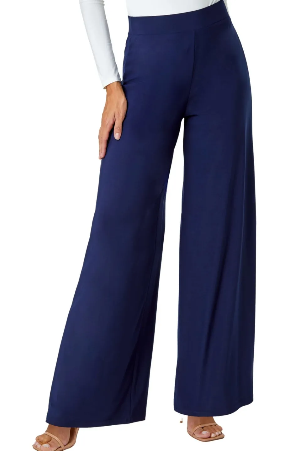 Trousers>Roman Elastic Waist Wide Leg Stretch Trousers Navy
