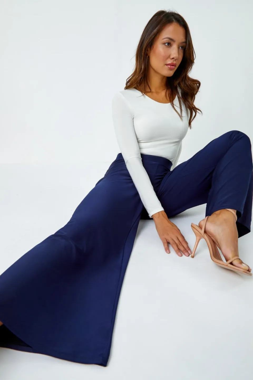 Trousers>Roman Elastic Waist Wide Leg Stretch Trousers Navy