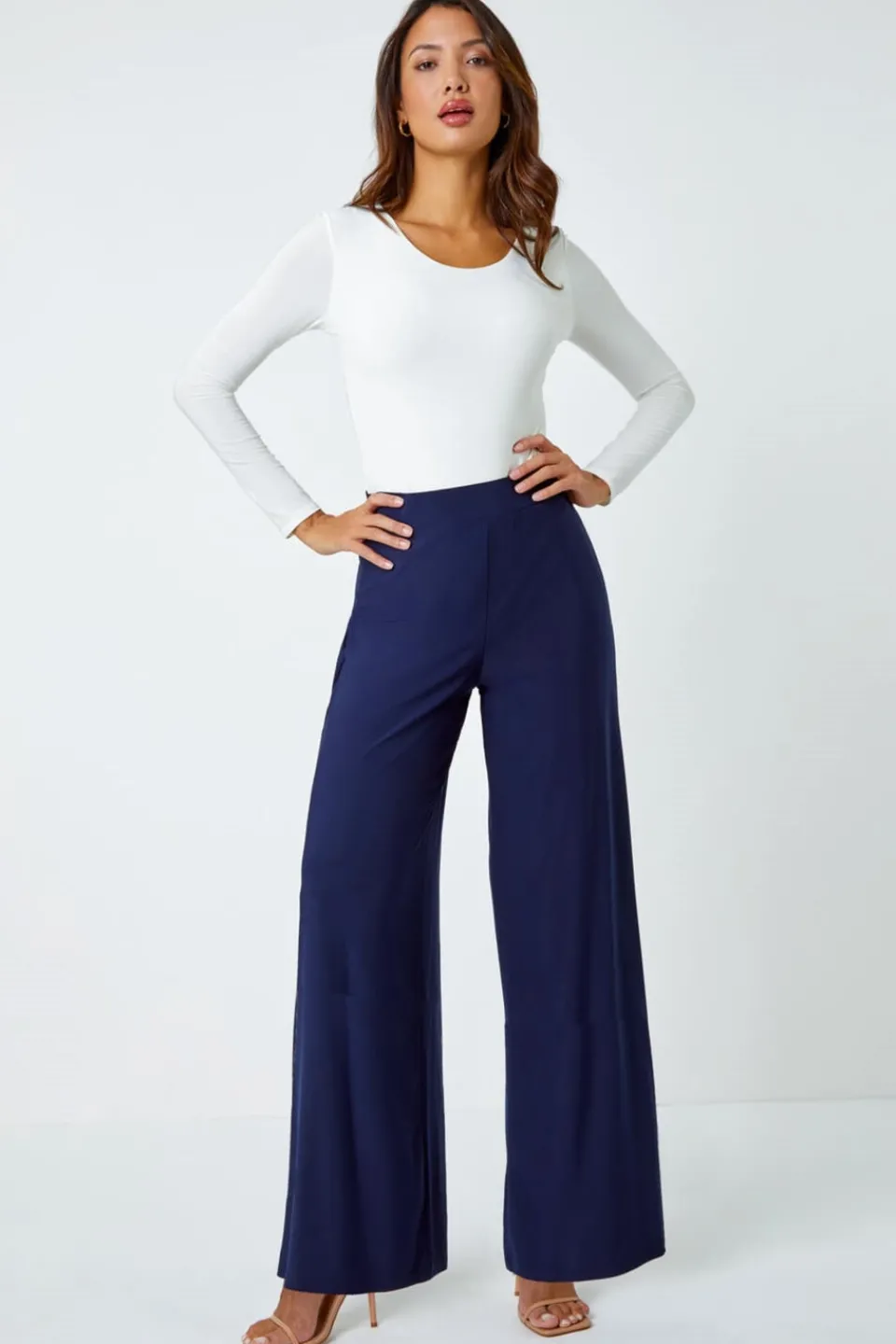 Trousers>Roman Elastic Waist Wide Leg Stretch Trousers Navy