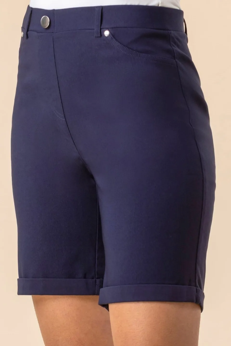 Shorts>Roman Elastic Waist Turn Up Stretch Shorts Navy