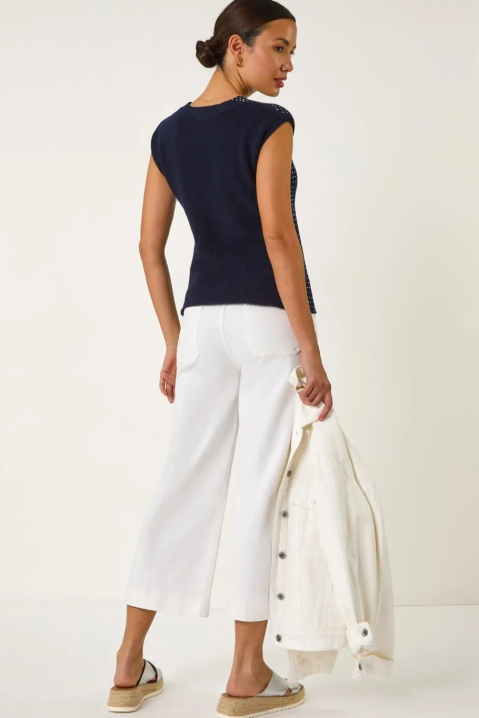 T-Shirts>Roman Navy Embellished Short Sleeve Knit Top
