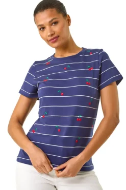 T-Shirts>Roman Navy Embroidered Cherry Cotton Tee